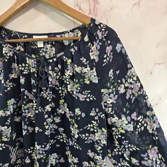 J Jill Shirt Womens Medium Blue Purple Floral Keyhole Blouse Popover Tassel Navy - Picture 11 of 12